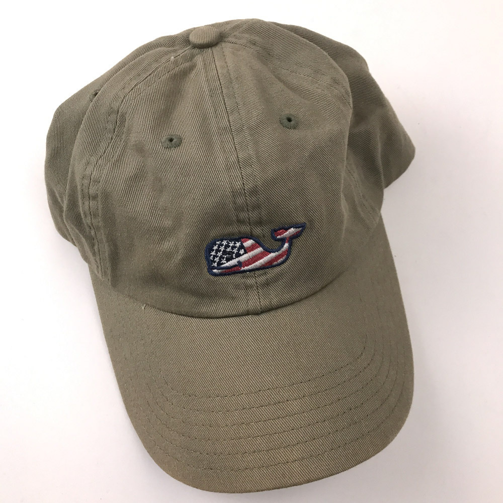 Vineyard Vines Whale American Flag Pattern Muted Green Cotton Dad Cap